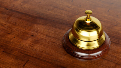 Fototapeta na wymiar 3D render of golden Reception bell isolated on wooden background, hotel bell