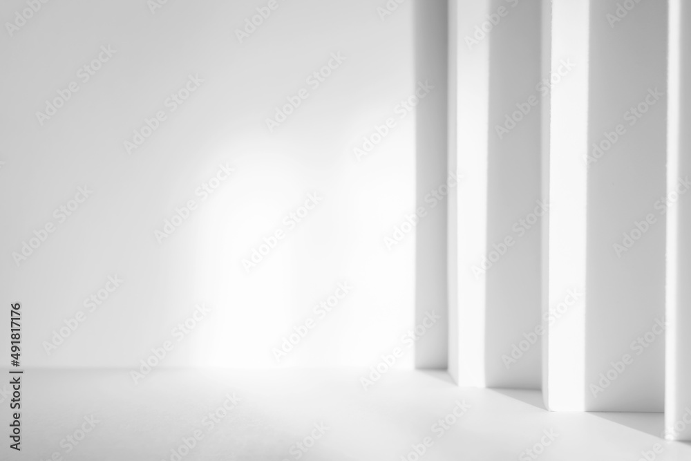 Poster Abstract white 3d studio background for cosmetic product presentation. Empty grey room with shadows of window. Display product with blurred backdrop.
