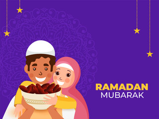Ramadan Mubarak Concept With Cheerful Islamic Young Boy And Girl Holding Bowl Full Of Dates On Purple Mandala Background.