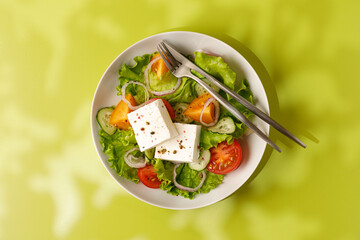 Modern greek salad on green background and sunny lights. Summer and warm. Greek salad with feta.