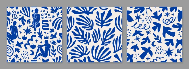 Foto op Aluminium Set of vector seamless pattern include women figures and plants inspired by Matisse. Cut paper different women poses for poster, logos, patterns and covers. Trendy minimal creative style © Valedi 