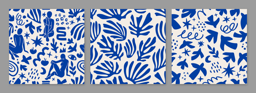 Set of vector seamless pattern include women figures and plants inspired by Matisse. Cut paper different women poses for poster, logos, patterns and covers. Trendy minimal creative style