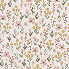 Wildflower meadow seamless pattern design for textile, fabric, wallpaper, stationery surface design. Floral digital repeating background