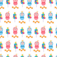 baby, kids, newborn with balloons seamless pattern, girl or boy. Vector Illustration for printing, backgrounds, covers, packaging, greeting cards, posters, stickers, textile and seasonal design.