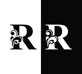 letter R black and white. flower  letters. Vintage ornament initial Alphabet. Logo vector 
