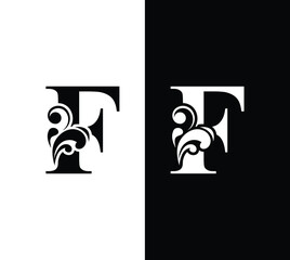 letter F black and white. flower  letters. Vintage ornament initial Alphabet. Logo vector 
