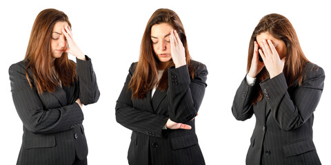 Disappointed woman with the hands in the head. Frustrated woman. Isolated on white background. Business woman 40-45 years old. Set of images, different poses.