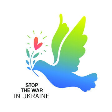 Stop the war in Ukraine inscription with pigeon in blue and yellow colors. Vector illustration on white background.