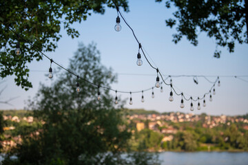 Light bulbs on string wire hanging on trees against beautiful green forest background. Long garland...