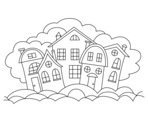 Fototapeta premium Small town coloring book. Cute Contour Houses vector Coloring page for adults and children.