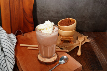 iced chocolate in clear glass summer drink