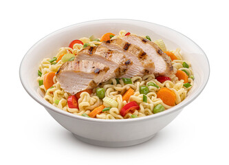 Instant noodles with grilled chicken isolated on white background