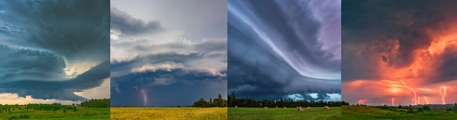 Thunder storm clouds with supercell wall clouds and lightning, summer, Lithuania