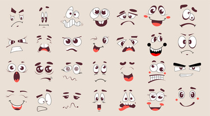 Cartoon faces. Funny face expressions, caricature emotions. 50s, 60s old animation eyes and mouths elements. Vintage cosmic smile for the logo. Vector minimalistic faces on an isolated background