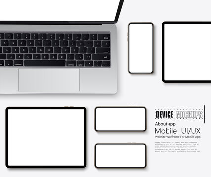 The layout of a smartphone, laptop and digital tablet, a modern communication device isolated on a white background with a top view. Mockup generic device. Vector illustration