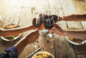 Heres to great times with great people. High angle shot of a group of people toasting while eating lunch together outdoors.