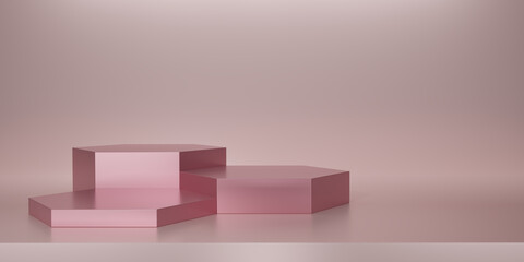 Shiny pink hexagon pedestal or podium on pink background. Metallic pink hexagon cube Blank display or clean room for showing product. Minimalist mockup for podium display or showcase. 3D rendering.