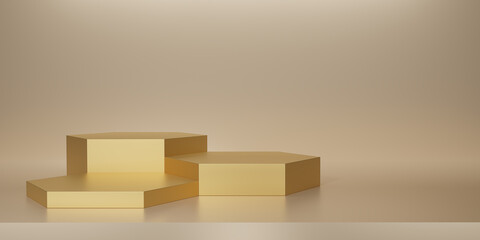 Shiny golden hexagon pedestal or podium on gold background. Metallic yellow hexagon cube Blank display or clean room for showing product. Minimalist mockup for podium display or showcase.3D rendering.