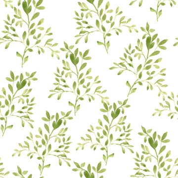 Floral seamless pattern. Watercolor pattern with tree branches. Green branches on a white background.