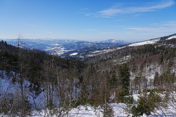 Snowy view at Silesian Beskid on european Bialy Krzyz in Poland