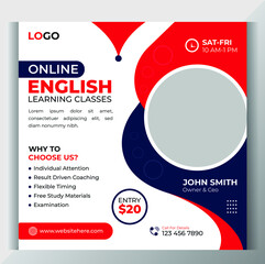 Modern social media post ads banner design template for online english language learning course facebook, instagram ad