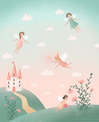 Cute little fairies in magic world children illustration