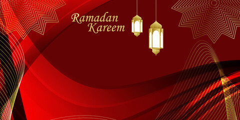 Modern Ramadan background, red background with gold lines