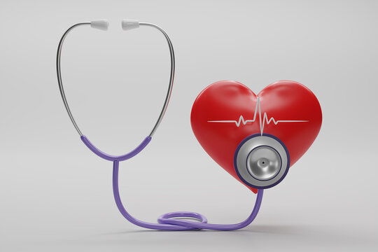 3D render red heart with a medical stethoscope isolate on white background. Blood pressure control. Heart and heartbeat. Healthcare and Hospital life insurance concept. 3D rendering illustration.