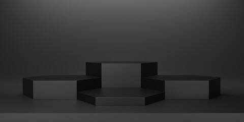 Shiny black hexagon pedestal or podium. Metallic dark hexagon cube Blank display or clean room for showing product. Minimalist mockup for podium display or showcase. 3D rendering.