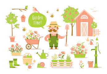 Cartoon gardener working in the garden