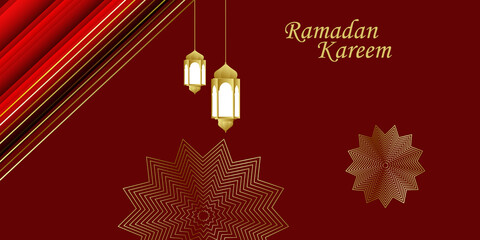 Modern Ramadan background, Red background with gold lines