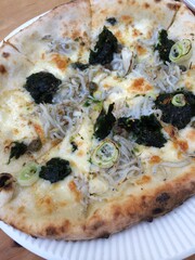 slice of Japanese pizza with Shirasu, closeup