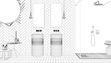 Blueprint project draft, contemporary bathroom, modern ceramics tiles, double washbasin, mirrors, shower with mosaic and glass, round window, minimalist interior design concept idea