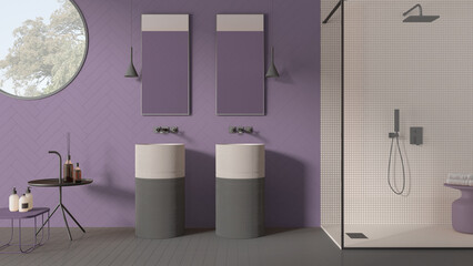 Contemporary bathroom in purple pastel tones, modern ceramics tiles, double washbasin, mirrors, shower with mosaic and glass, round window, minimalist interior design concept idea