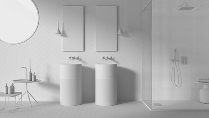 Fototapeta na wymiar Total white project draft, contemporary bathroom, modern ceramics tiles, double washbasin, mirrors, shower with mosaic and glass, round window, minimalist interior design concept idea