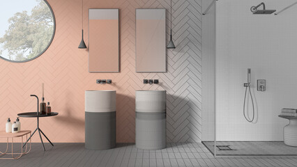 Architect interior designer concept: hand-drawn draft unfinished project that becomes real, bathroom, ceramics tiles, double washbasin, mirrors, shower with mosaic and glass, window
