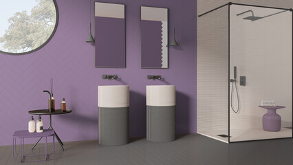 Modern bathroom in purple pastel tones, contemporary ceramics tiles, double washbasin, mirrors, shower with mosaic and glass, round window, minimalist interior design concept idea