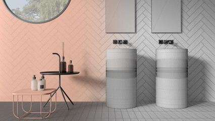 Architect interior designer concept: hand-drawn draft unfinished project that becomes real, bathroom with ceramics tiles, washbasin, faucets and mirrors, tables with bottles and decor