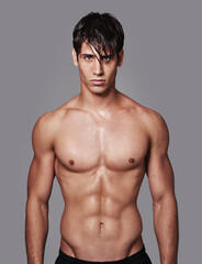 Fototapeta premium Hes one chiseled dude. A handsome young shirtless man posingPortrait of a handsome young shirtless man posing in the studioin studio.