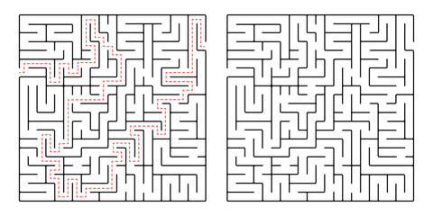 Square maze, a simple logic game with labyrinths. Vector maze game.