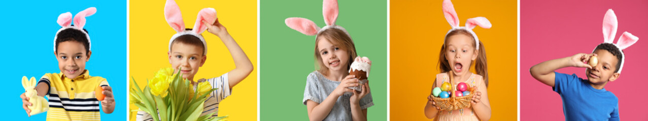 Surprised little girl with basket of Easter eggs and bunny ears on color background