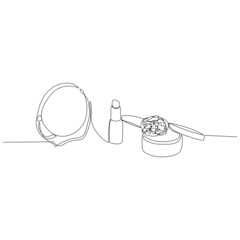 Lipstick decorative cosmetics for makeup concept. Minimalistic line art. Continuous line drawing of makeup products.