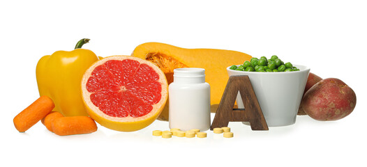 Set of healthy products rich in vitamin A on white background