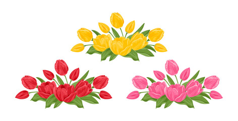Fototapeta na wymiar Bouquets of tulip flowers set. Floral composition isolated on white background. Vector illustration of spring red, pink and yellow flowers. Cartoon flat style.