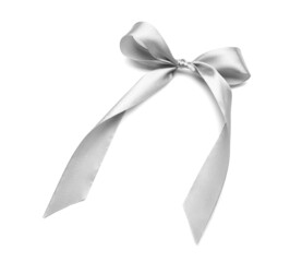 Beautiful silver ribbon bow on white background