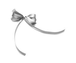 Beautiful silver ribbon bow on white background