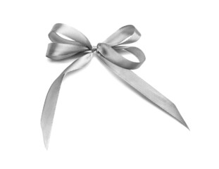 Beautiful silver ribbon bow on white background