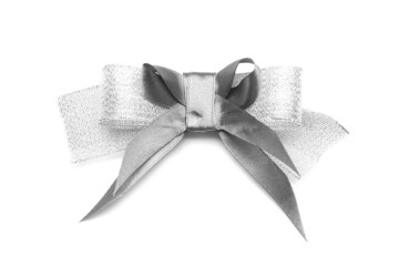 Beautiful silver ribbon bow on white background