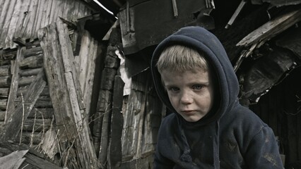 Fototapeta na wymiar A child is crying in the ruins