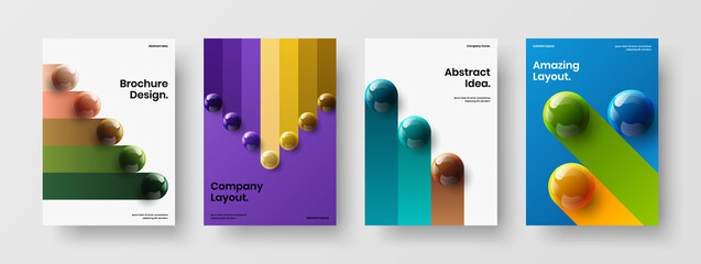 Trendy catalog cover A4 design vector concept composition. Vivid realistic balls front page template set.